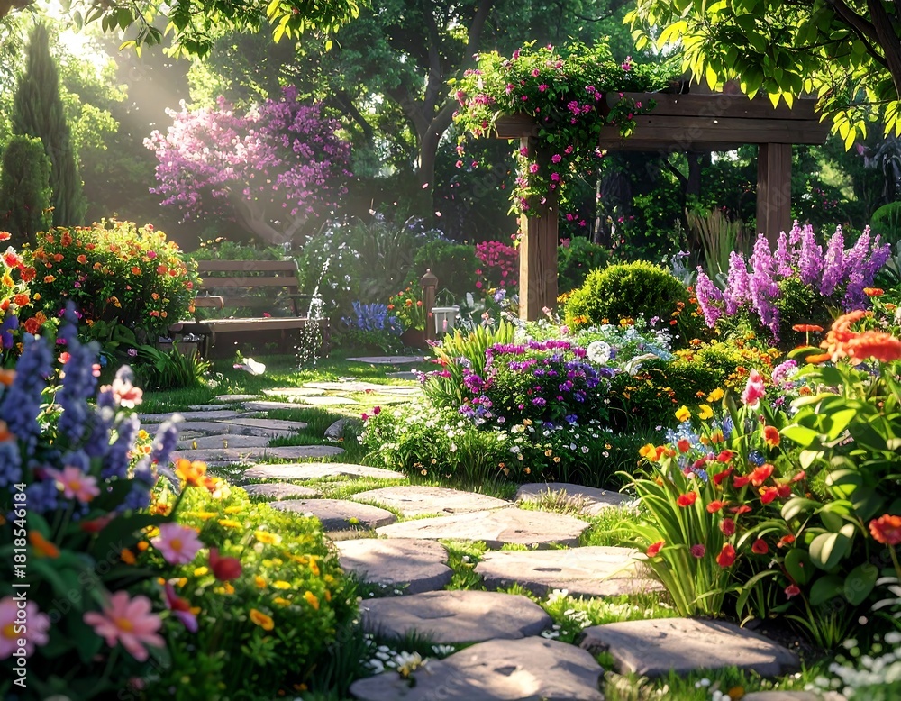 Naklejka premium Peaceful Garden Path Surrounded By Flowers High Resolution Wallpaper