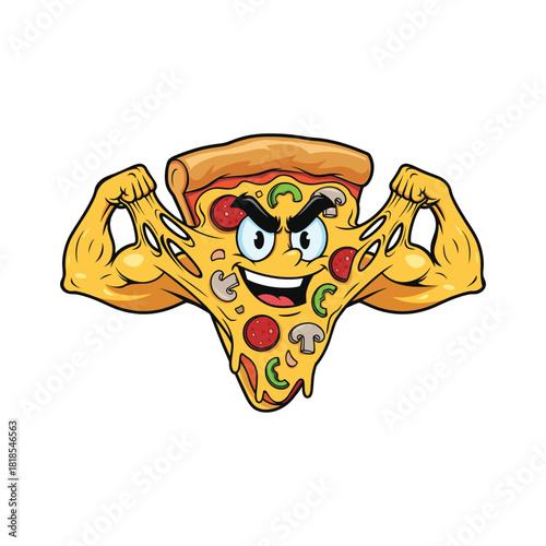 Strong pepperoni pizza slice mascot flexing muscles cartoon design isolated on white background, Vector