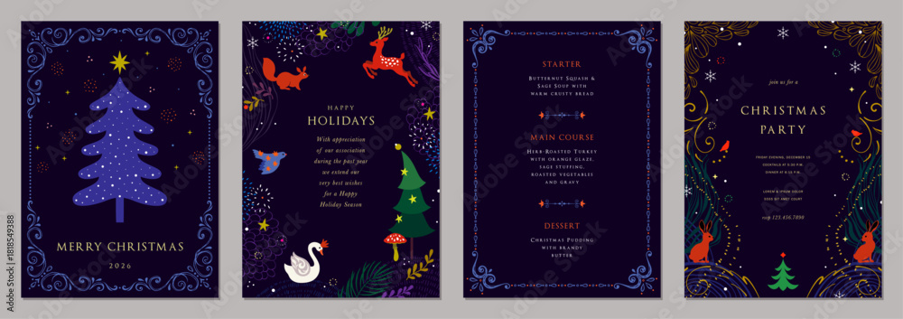 Fototapeta premium Christmas vector templates. Winter Holiday cards with decorative Christmas Tree, dove, stars, snowflakes, birds, reindeer, rabbits and ornate frames with copy space and greetings.