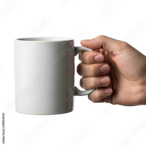 Hand holding a blank white coffee mug ready for your logo or design element