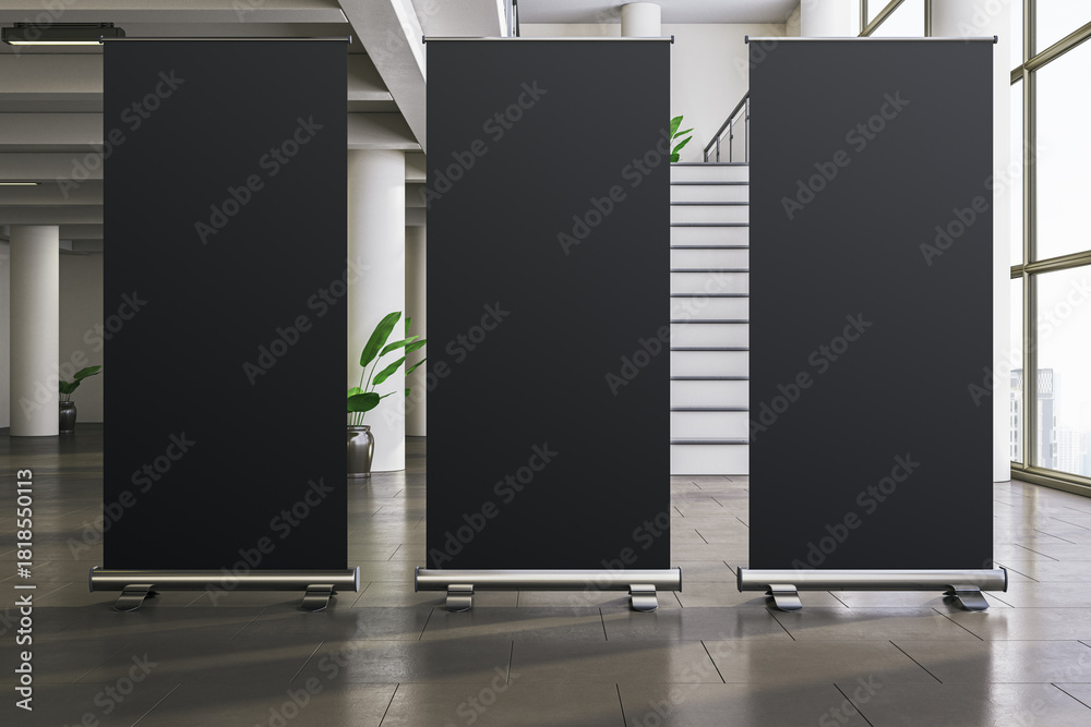 Φωτογραφία Three black blank roll up banners in modern hallway interior with stairs and plants, perfect for exhibition or presentation mockup display template