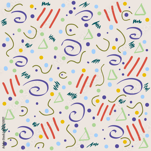 Dessin Fait Main Gribouillis Motif Abstrait Coloré avec formes géométriques, Couleurs Pastels, Illustration Vecteur Memphis