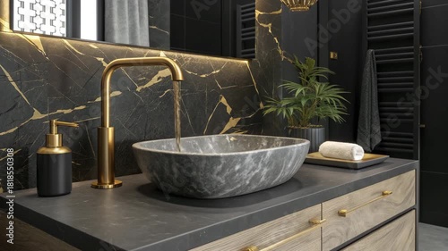 Luxurious modern bathroom interior featuring a black marble wall with gold veins and a stylish stone vessel sink