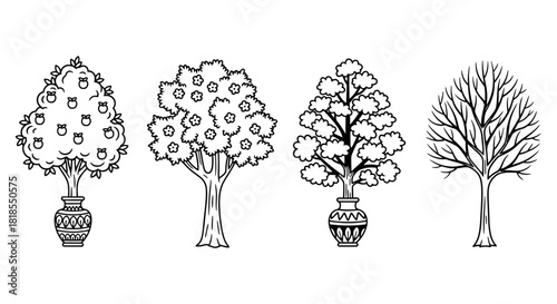 Diverse Tree Illustrations in Decorative Vases A Botanical Ensemble