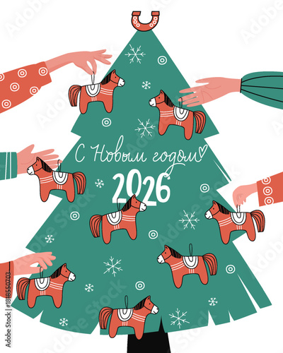 People hang red horse toys on the Christmas tree. Toys and snowflakes hang from the tree. Greeting card. Festive tree on an isolated background. Flat vector illustration