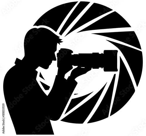 Bold black silhouette of a photographer holding a large telephoto lens, set against a stylized circular aperture. Evokes professional photography,