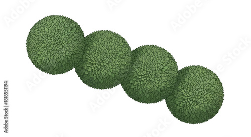 Four green spheres arranged diagonally, symbolizing growth, nature, and interconnectedness in a clean style