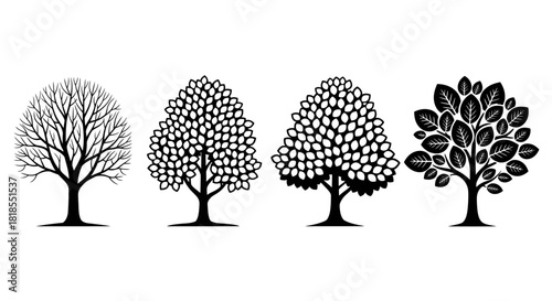 Various Tree Silhouettes Collection of Black and White Vector Illustrations for Design Elements