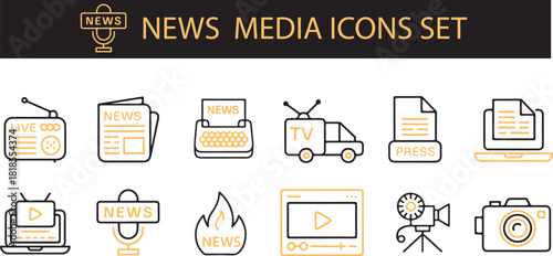 News Media Web Icon Set – Line Style Mass Media Symbols, TV, Radio, Newspaper, Magazine, Broadcasting, Press, Interview & Journalism Icons, Editable Stroke
