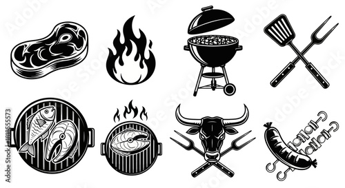 Barbecue and Grilling Icons Steak, Salmon, Sausage, Bull Head, Flames, and Utensils Set