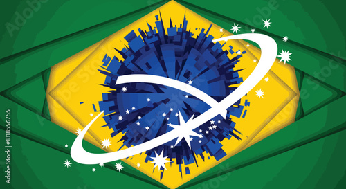 An artistic vector background inspired by the Brazilian flag, featuring the green field, yellow rhombus, blue circle, and a stylized interpretation of the starry sky and "Ordem e Progresso" band.