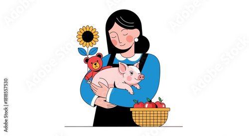 Girl Holding Piglet with Sunflower and Teddy Bear Illustration
