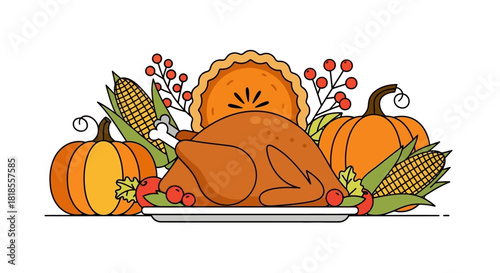 Thanksgiving Feast Turkey, Pumpkins, Pie, and Corn Holiday Celebration