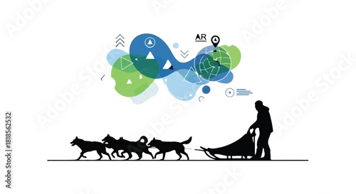 Adventurer guides sled dogs across a vast, abstract landscape.