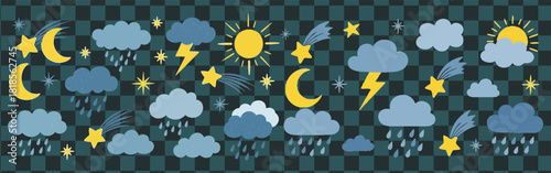 Whimsical weather pattern featuring sun moon stars clouds rain and lightning on a checkered background