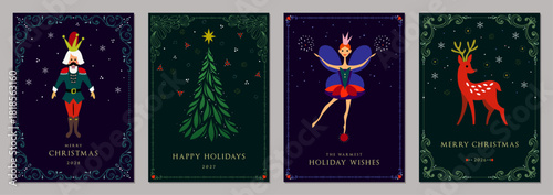 Christmas vector templates. Elegant Holiday cards with decorative Christmas Tree, Nutcracker, ballerina, snowflakes, reindeer and ornate frames with copy space and greetings.