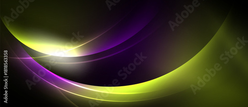 Abstract design features curved lines, vibrant yellow, purple hues. Dark background emphasizes luminous shapes, creating dynamic visual effect.
