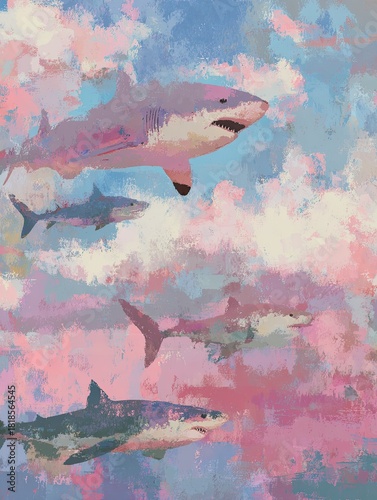 Pink Shark Parade giant friendly sharks floating through pastel sky
