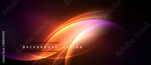 Abstract background features vibrant orange, purple glows. Smooth curves create dynamic visual effect. Design elements suggest energy, motion.