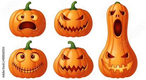 Collection of Carved Halloween Pumpkins with Faces