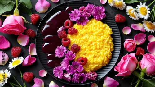A vibrant plate of golden saffron risotto is drizzled with a rich raspberry coulis and garnished with purple flowers and fresh raspberries. The dish is surround