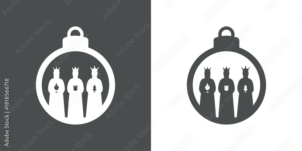 Obraz premium Tiempo de Navidad. Logo con silueta de bola de navidad con los tres Reyes Magos para tarjetas y felicitaciones