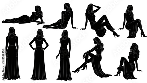 Elegant Silhouette Collection Diverse Poses of Women in Formal Attire