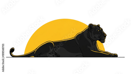 Lying Panther Against a Yellow Sun, a Symbol of Strength and Courage