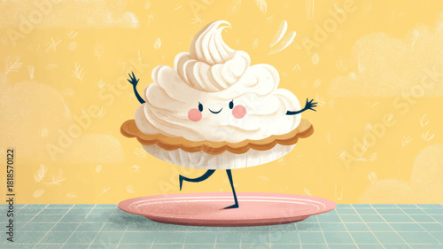 Adorable dancing pie character with fluffy whipped cream topping on a cheerful yellow background, celebrating joyful National Pie Day traditions.