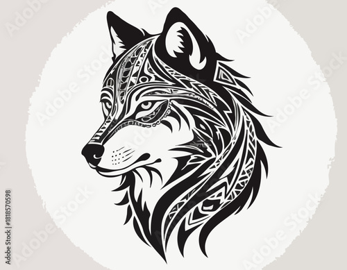 wolf, animal silhouette in ethnic tribal tattoo,