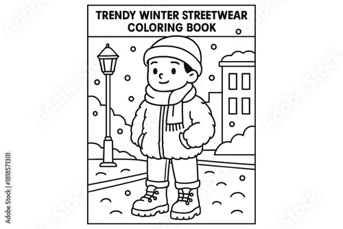 Winter Streetwear Coloring. Trendy winter streetwear children’s coloring book, outlined drawing, young person