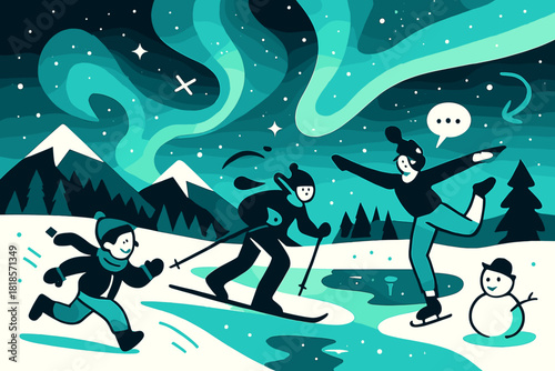 Magical Snowy Landscape. Snowy aurora landscape. Winter mountains and forest under vibrant aurora, soft snow