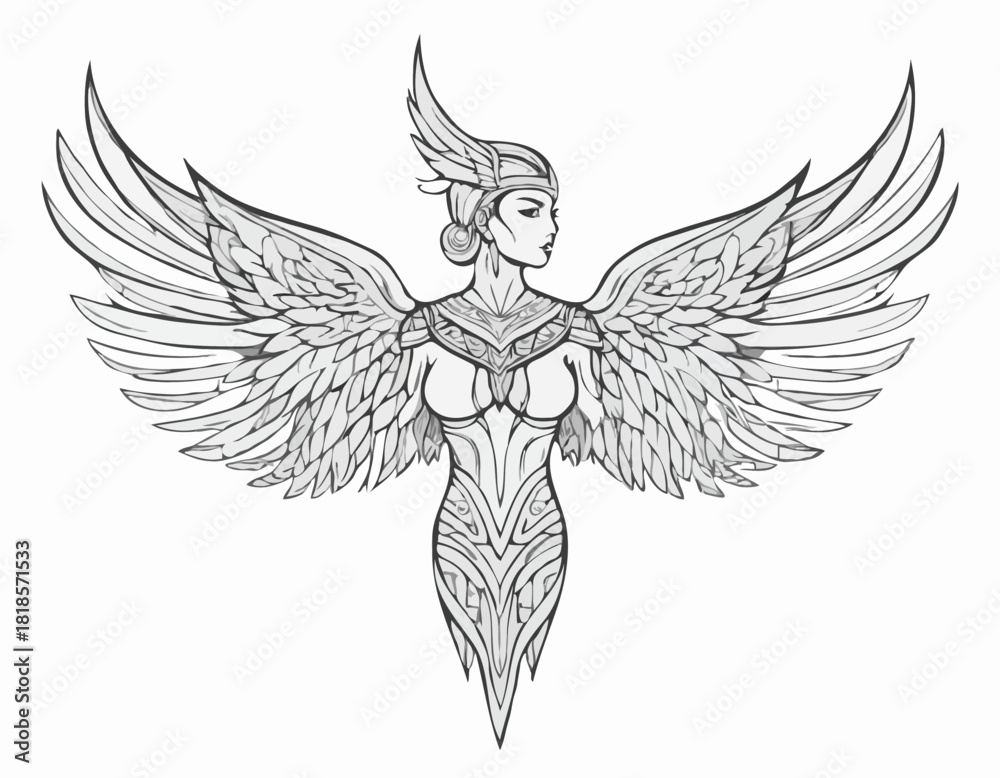 Fototapeta premium modern tribal tattoo valkyrie, abstract line art, minimalist contour. Vector