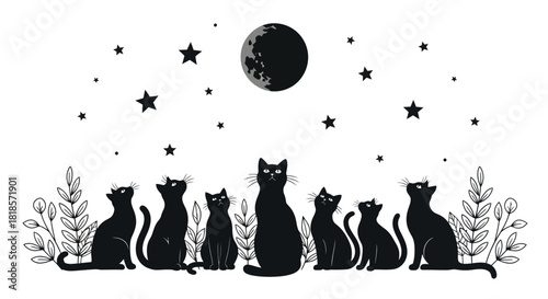 Whimsical Black Cats Under a Night Sky A Charming Illustration for Various Design Projects