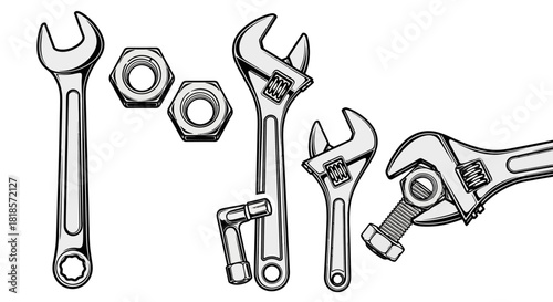Wrench and Nut Set Versatile Tools for Repair, Construction, and Mechanical Projects. Essential for DIY enthusiasts
