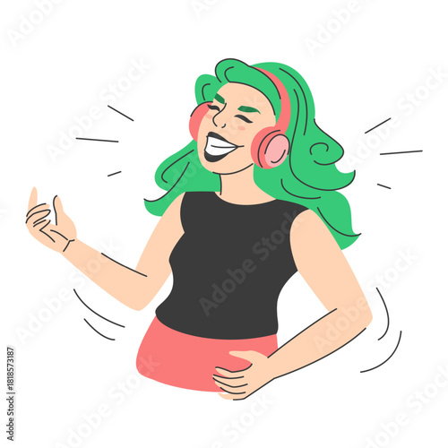 Woman in headphones listens to rock music vector isolated. Illustration of a female character having fun and playing on imaginary guitar. Concept of entertainment. Happy girl listens to a song.