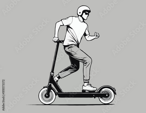 Dynamic monochrome illustration of a kick scooter rider in action artwork