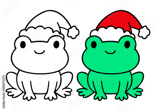 Dibujo sencillo con líneas de rana simpática con sombrero de Santa Claus para tarjetas y felicitaciones de Navidad