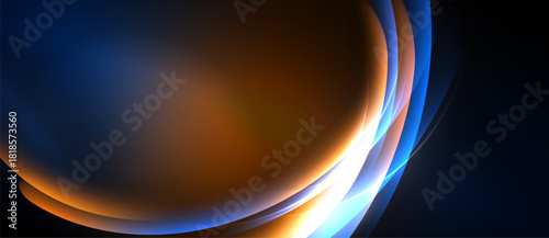 Abstract design features flowing curves. Warm orange blends with cool blue, creating dynamic visual effect. Light streaks add depth.
