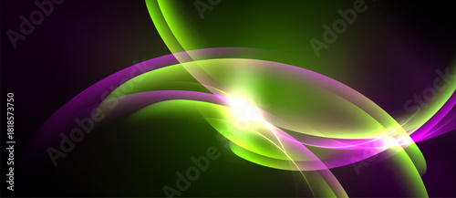Abstract swirls, vibrant green, purple hues blend. Bright light radiates, creating dynamic visual effect. Smooth curves dominate composition.