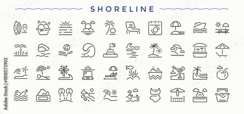 Shoreline icon pack. Outline symbol collection. Editable stroke. Vector collection. River icon set. Pictograms of river, seaside, sun, vacation and more.
