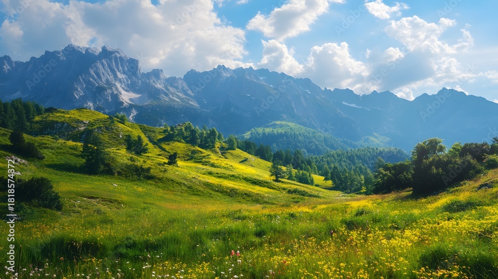 Fototapeta premium A picturesque view of a lush green meadow with rolling hills in the foreground, leading up to a majestic mountain range with a clear blue sky and fluffy white clouds.