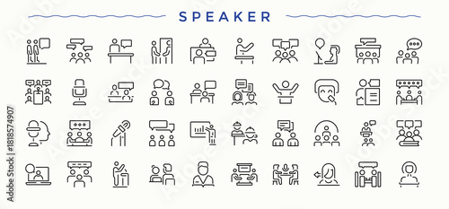 Speaker vector line icon set. Thin icons set. Orator icon. Contains such icons as speaking, audience, presentation, conference, meeting and more.