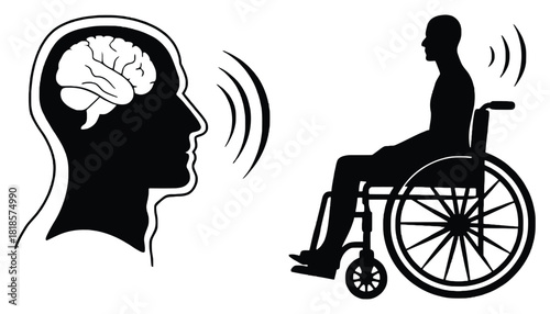 Silhouette of head with brain and man in wheelchair communicating