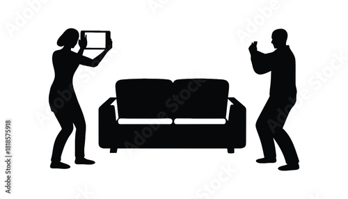 Silhouettes taking pictures of a couch against a white background