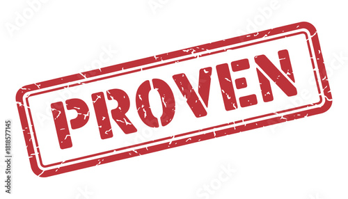 Red proven stamp with border on white background angled view graphic