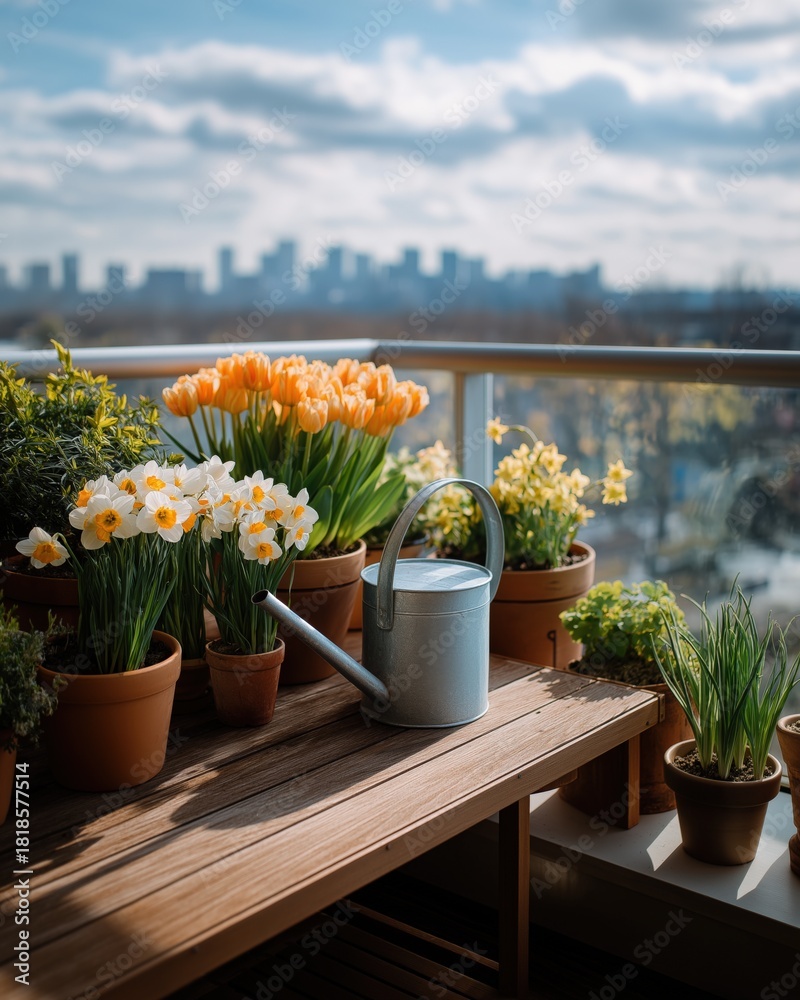 Obraz premium Urban balcony garden with flowers and watering can on sunny day