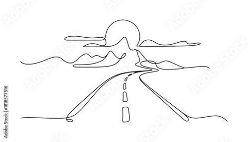 Continuous line drawing of road leading toward mountains and sunset