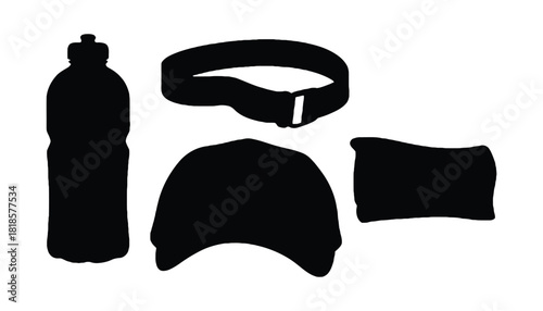 Black silhouettes of a water bottle, belt, hat, and rectangular item