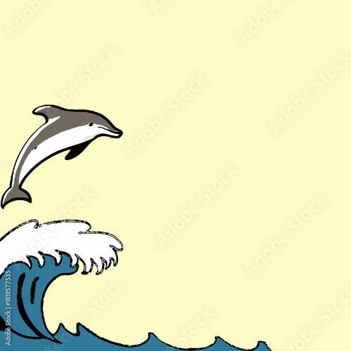 A dolphin leaps from a wave on a light yellow background